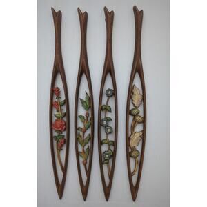 VTG MCM Sexton Metal Seasons 4 Floral Art Wall Hanging Set Rose Holly Hand Paint